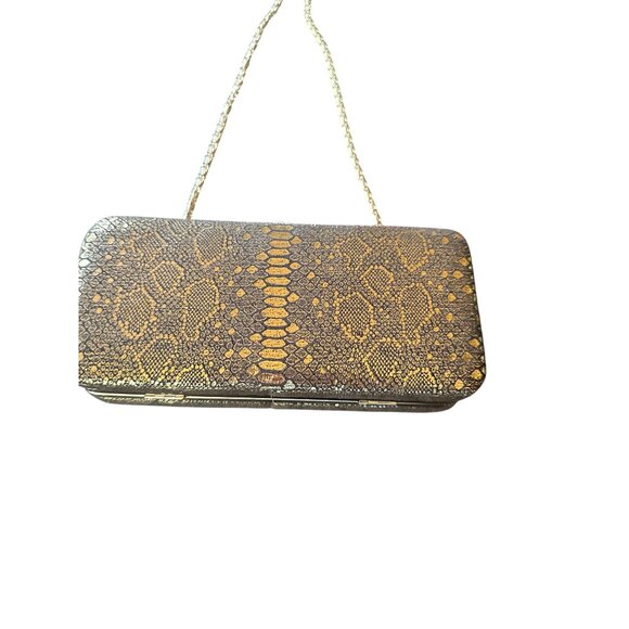 Katie Landry Snake Print Metallic Chain Clutch Purse With Rhinestone Clasp - Picture 2 of 5